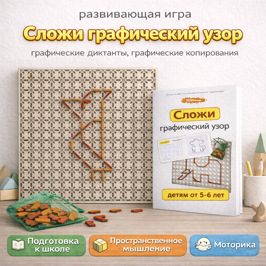 «Сложи графический узор» развивающая игра для детей 5 - 7 лет помогает освоить графические диктанты и копирования, работу в клетке, подготовить руку к письму.